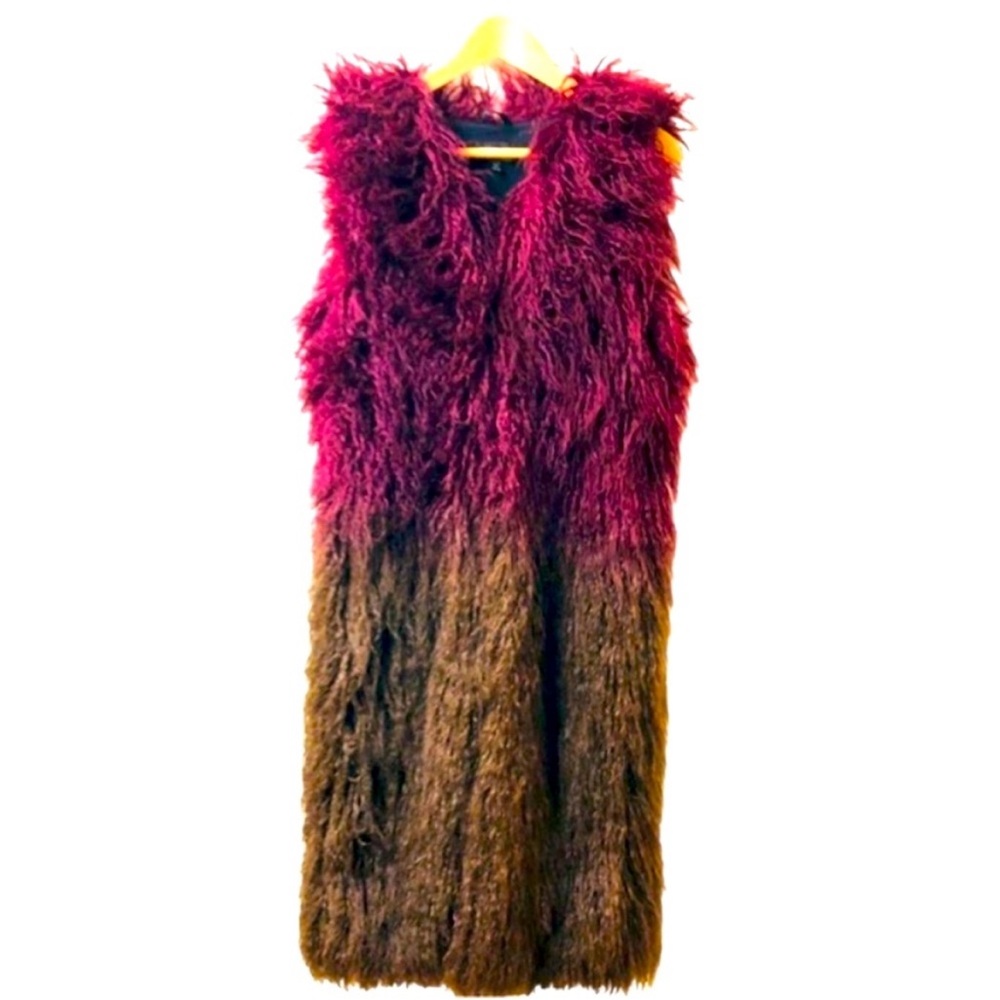 Two-Tone Faux Fur Long Vest - Burgundy and Brown